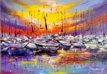 Schilderij getiteld "Sunset with sailboa…" door Aliaksandra Tsesarskaya, Origineel Kunstwerk, Acryl Gemonteerd op Frame voor…