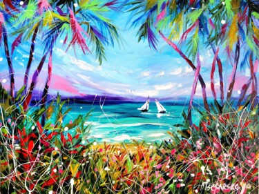 Pintura intitulada "Palm trees, beach,…" por Aliaksandra Tsesarskaya, Obras de arte originais, Acrílico Montado em Armação e…