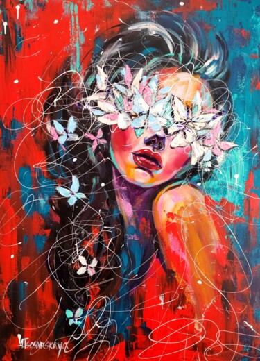 Painting titled "Butterfly effects -…" by Aliaksandra Tsesarskaya, Original Artwork, Acrylic Mounted on Wood Stretcher frame