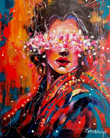Schilderij getiteld "Geisha - colorful p…" door Aliaksandra Tsesarskaya, Origineel Kunstwerk, Acryl Gemonteerd op Frame voor…