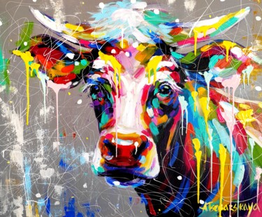 Pittura intitolato "Colorful cow portra…" da Aliaksandra Tsesarskaya, Opera d'arte originale, Acrilico Montato su Telaio per…