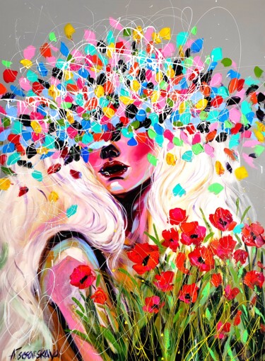 Картина под названием "Girl with poppies" - Aliaksandra Tsesarskaya, Подлинное произведение искусства, Акрил Установлен на Д…