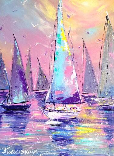Картина под названием "Sailboats in sunset" - Aliaksandra Tsesarskaya, Подлинное произведение искусства, Акрил Установлен на…