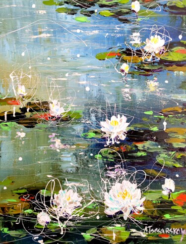 Painting titled "White water lilies…" by Aliaksandra Tsesarskaya, Original Artwork, Acrylic Mounted on Wood Stretcher frame