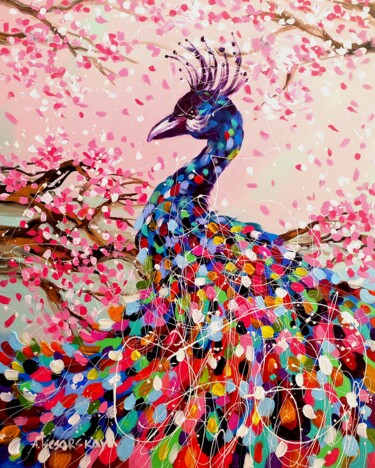 Malerei mit dem Titel "Colorful peacock -…" von Aliaksandra Tsesarskaya, Original-Kunstwerk, Acryl Auf Keilrahmen aus Holz m…