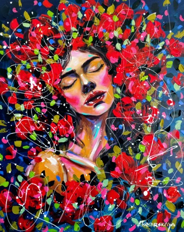 Pintura titulada "Girl with flowers -…" por Aliaksandra Tsesarskaya, Obra de arte original, Acrílico Montado en Bastidor de…