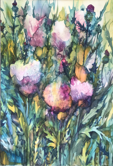 Картина под названием "Репейник в цвету" - Татьяна Шутова, Подлинное произведение искусства, Ткань Установлен на картон