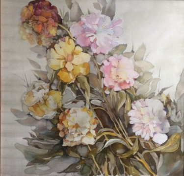 Painting titled "Пионы" by Tatiana Shutova, Original Artwork, Fabric