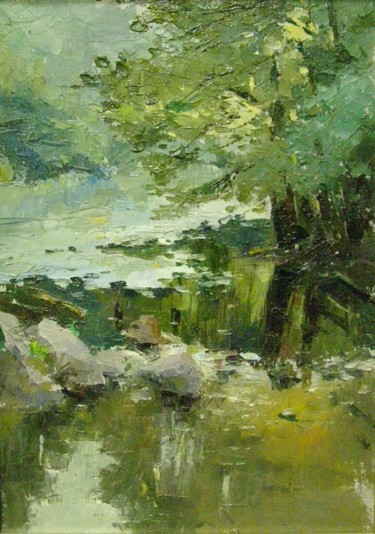 Painting titled "лесной ручей" by Tatiana Shutova, Original Artwork, Oil