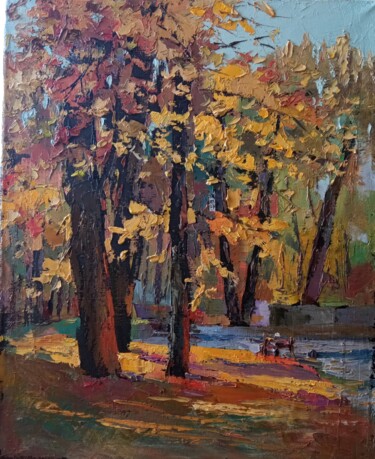 Painting titled "Осень.Смоленск.Лопа…" by Tatiana Shutova, Original Artwork, Oil Mounted on Wood Stretcher frame