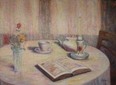 Painting titled "Mesa con libro" by Mª Teresa Silvestre, Original Artwork