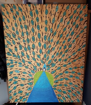 Malerei mit dem Titel "Pfau Gold Blue" von Bebi Kali, Original-Kunstwerk, Acryl