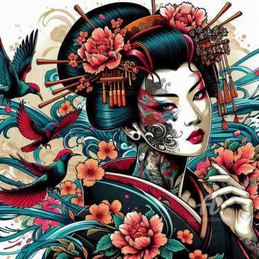 Digitale Kunst getiteld "Geisha des eaux et…" door Tsuiho, Origineel Kunstwerk, AI gegenereerde afbeelding