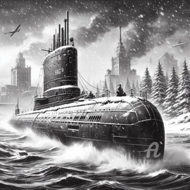 Digitale Kunst getiteld "Sous-marin USS Manh…" door Tsuiho, Origineel Kunstwerk, AI gegenereerde afbeelding
