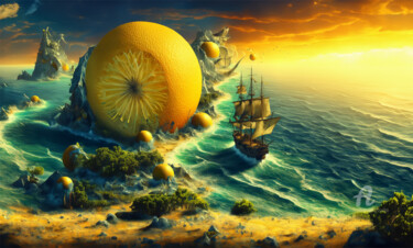 Digitale Kunst getiteld "L'île des citrons" door Tsuiho, Origineel Kunstwerk, AI gegenereerde afbeelding