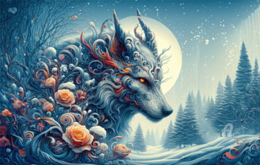 Arts numériques intitulée "Le loup blanc des f…" par Tsuiho, Œuvre d'art originale, Image générée par l'IA