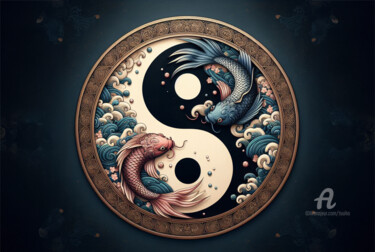 Digitale Kunst mit dem Titel "Yin yang et carpe" von Tsuiho, Original-Kunstwerk, KI-generiertes Bild