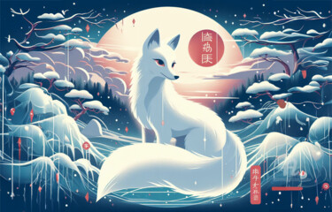 Digitale Kunst getiteld "Le kitsune blanc" door Tsuiho, Origineel Kunstwerk, AI gegenereerde afbeelding