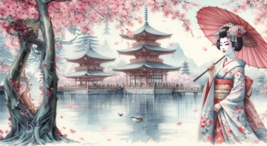 Digitale Kunst getiteld "une geisha, le japo…" door Tsuiho, Origineel Kunstwerk, AI gegenereerde afbeelding