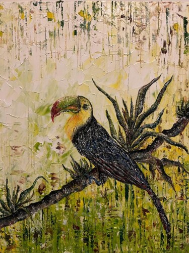 Painting titled "Exotic bird" by Tsveta Georgieva, Original Artwork, Oil Mounted on Wood Panel