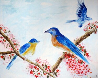 Painting titled "Des oiseaux bleus /…" by Tsz Shan Hui, Original Artwork, Acrylic