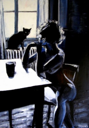 Painting titled "Le chat noir" by Tudury Gallery, Original Artwork, Oil