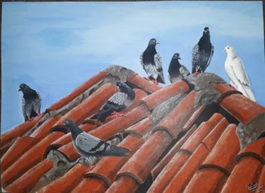 Peinture intitulée "Çatıdaki güvercinler" par Tugay Bekgöz, Œuvre d'art originale, Acrylique