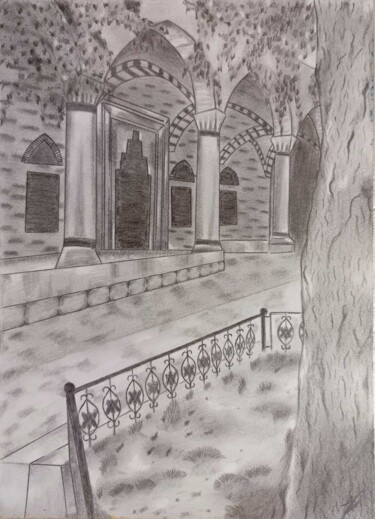 Drawing titled "Cami Avlusu" by Tuğba Özbalak Kara, Original Artwork, Charcoal