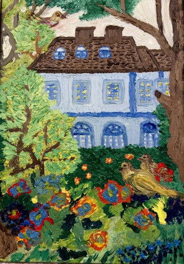 Картина под названием "дом  в саду" - Oksana Tukhtarkina, Подлинное произведение искусства, Масло
