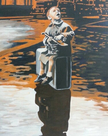 Malerei mit dem Titel "Savaştan kaçan çocuk" von Tuncay Cicek, Original-Kunstwerk, Öl
