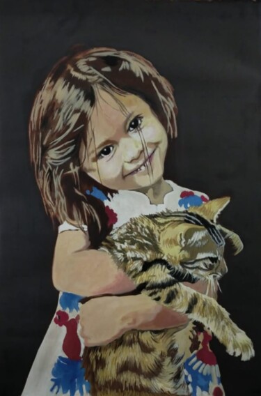 Painting titled "Kedi ve çocuk" by Tuncay Cicek, Original Artwork, Acrylic