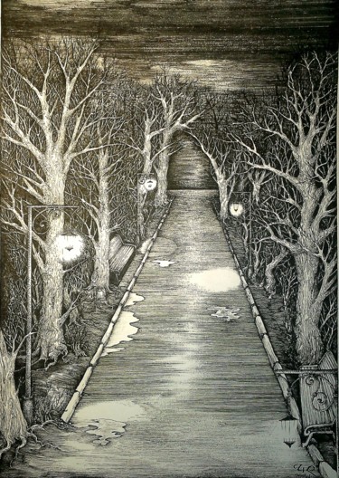 Desenho intitulada "Dark alley" por Kirill Chasovskikh, Obras de arte originais, Tinta
