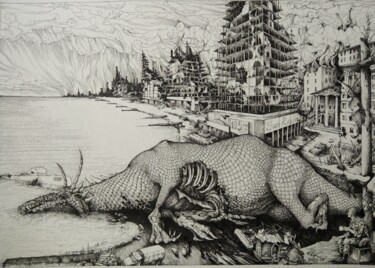 Tekening getiteld "Смерть Левиафана" door Kirill Chasovskikh, Origineel Kunstwerk, Inkt