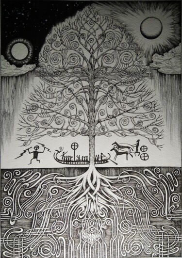 Disegno intitolato "World Tree" da Kirill Chasovskikh, Opera d'arte originale, Inchiostro