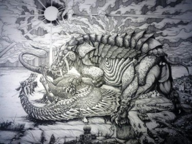 Rysunek zatytułowany „Begemoth vs Leviath…” autorstwa Кирилл Часовских, Oryginalna praca, Atrament