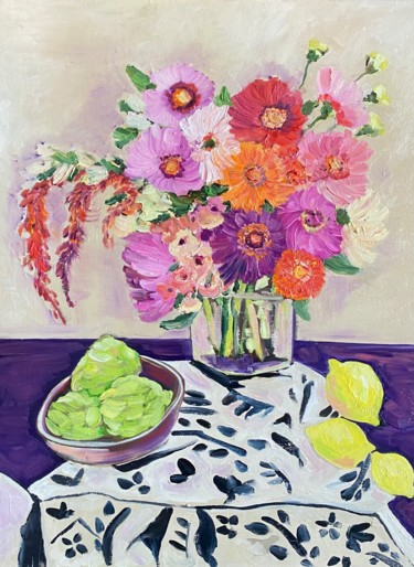 Painting titled "Still life with Zin…" by Gala Turovskaya, Original Artwork, Oil Mounted on Wood Stretcher frame