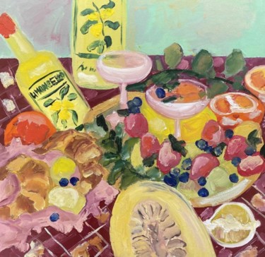 Painting titled "Limoncello Picnic" by Gala Turovskaya, Original Artwork, Oil Mounted on Cardboard