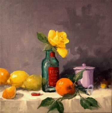 Schilderij getiteld "La rose jaune" door Herve Turpin, Origineel Kunstwerk, Olie