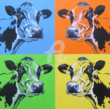 Painting titled "LES VACHES (D'APRES…" by Régine Guthmann, Original Artwork, Acrylic Mounted on Wood Stretcher frame