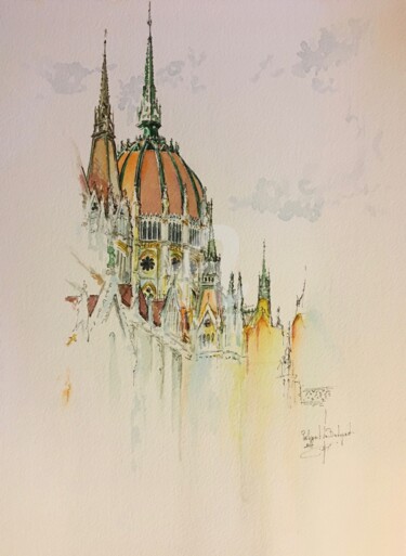 「Parlement de Budape…」というタイトルの絵画 Thierry Vuignerによって, オリジナルのアートワーク, 水彩画