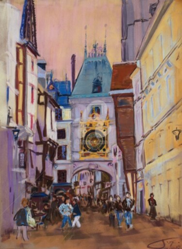Painting titled "Rouen, Le Gros Horl…" by Thierry Vuigner, Original Artwork, Pastel