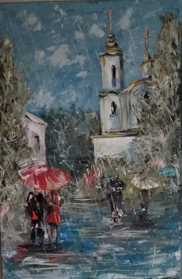 Картина под названием "Прогулка под дождем." - Valiantsina Tsishchanka, Подлинное произведение искусства, Масло