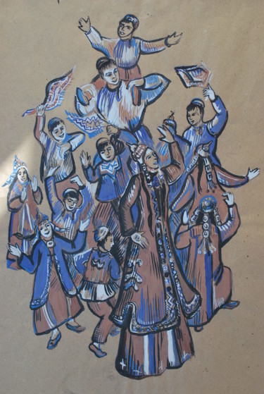Картина под названием ""Танец детей"  (три…" - Тюнькина Елена, Подлинное произведение искусства, Гуашь