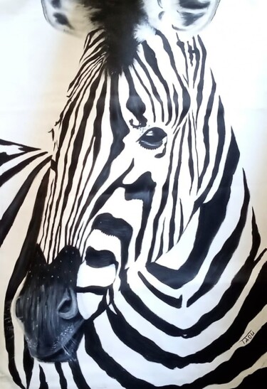 Schilderij getiteld "Zebra" door Tzina Tsaou, Origineel Kunstwerk, Acryl Gemonteerd op Houten paneel