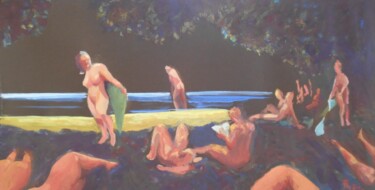 Peinture intitulée ""λουόμενοι", "bathe…" par Tzoumart, Œuvre d'art originale, Tempera