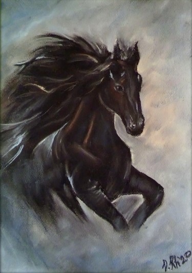 Schilderij getiteld "Black horse" door Valentina Khudyakova, Origineel Kunstwerk, Pastel