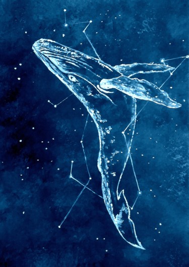 Pintura intitulada "Whale flying in the…" por Valentina Khudyakova, Obras de arte originais, Guache