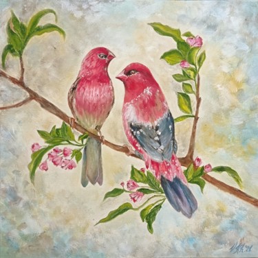 Painting titled "Strawberry finches" by Valentina Khudyakova, Original Artwork, Gouache