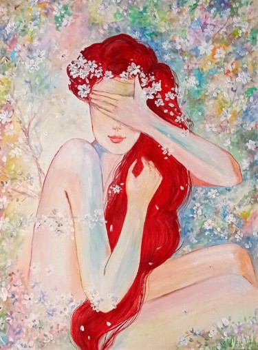 Painting titled "In a blooming garden" by Valentina Khudyakova, Original Artwork, Gouache