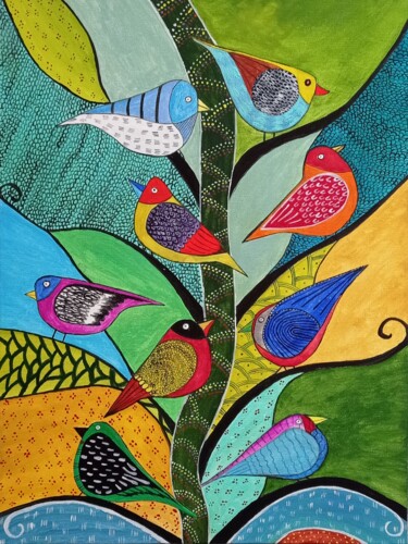 Картина под названием "Райские птички" - Valentina Khudyakova, Подлинное произведение искусства, Гуашь